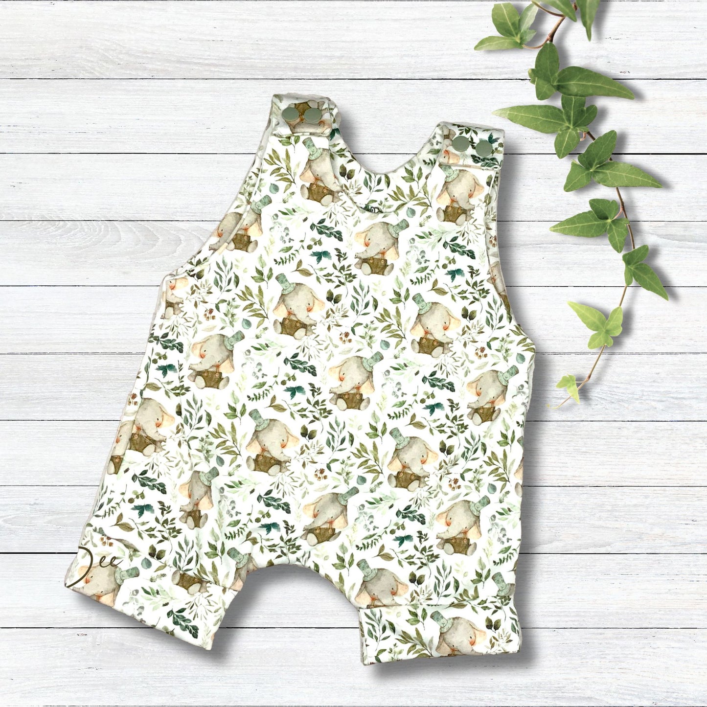 Bute Baby elephant and greenery print short summer romper with matching snaps