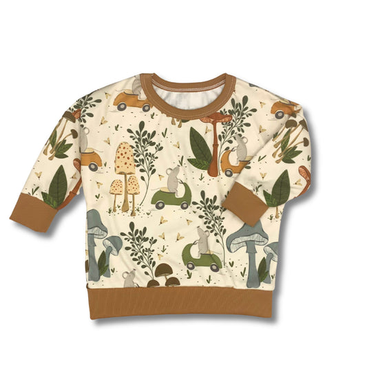 Long Sleeve Dolman, Mushrooms & Cute Mouse on a Scooter