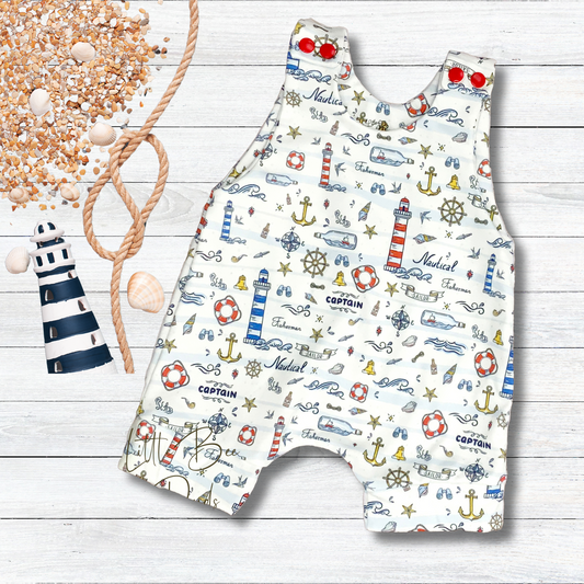 Nautical Theme Short Summer Romper, Organic Cotton