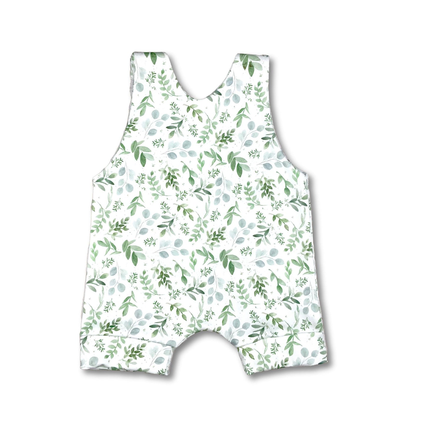 Watercolor Green Leaves Short Romper Organic Cotton