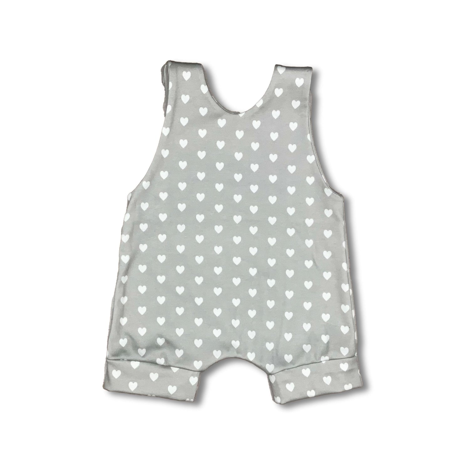 Gray & White Heart Print Summer Romper, 100% Organic Cotton, Ready to Ship