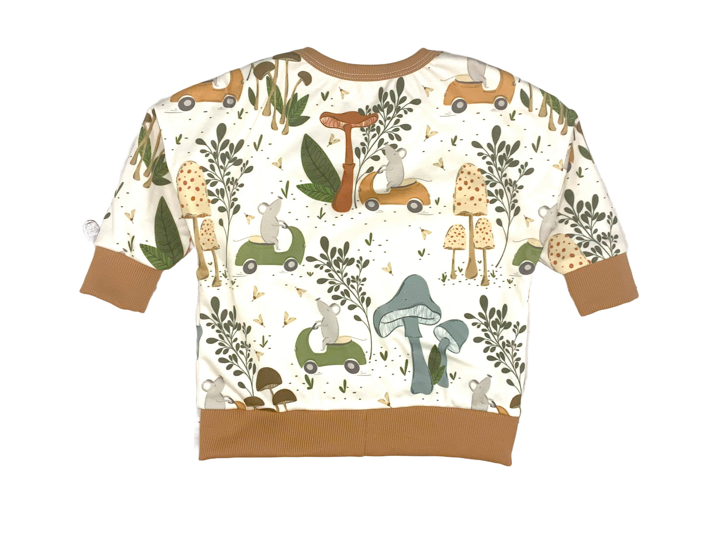 Long Sleeve Dolman, Mushrooms & Cute Mouse on a Scooter