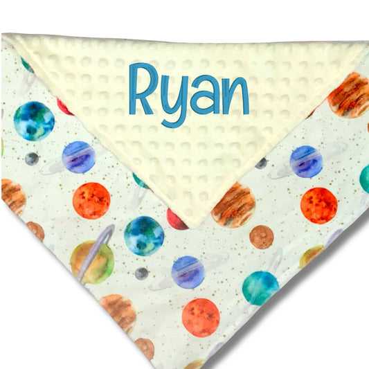 Planets Space Theme  Custom  Minky Baby Blanket or Lovie, Personalized with Embroidery